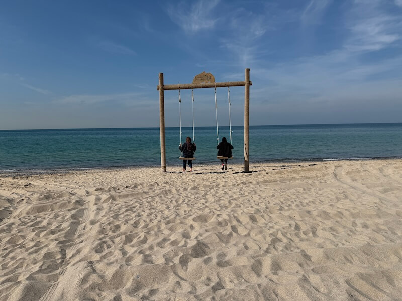 Two people sit on wooden swings facing the calm sea on a sandy beach under a bright sky. The rustic swing frame adds charm to the serene seaside scene.