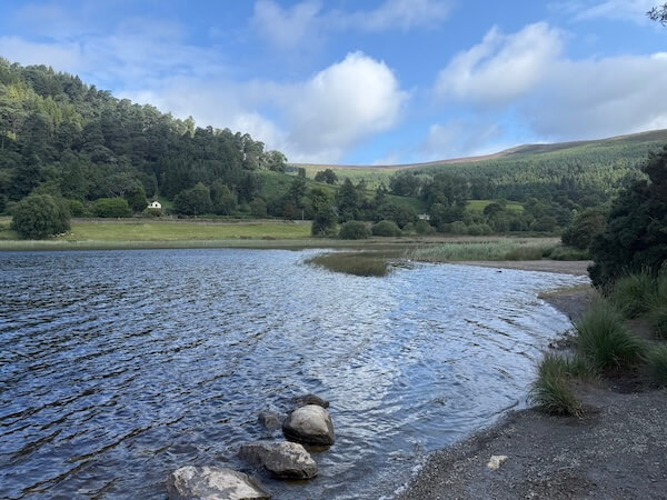 A calm lake curves along a stony shore with tufts of grass and scattered rocks, surrounded by tree-covered hills and open green fields under a partly cloudy blue sky.