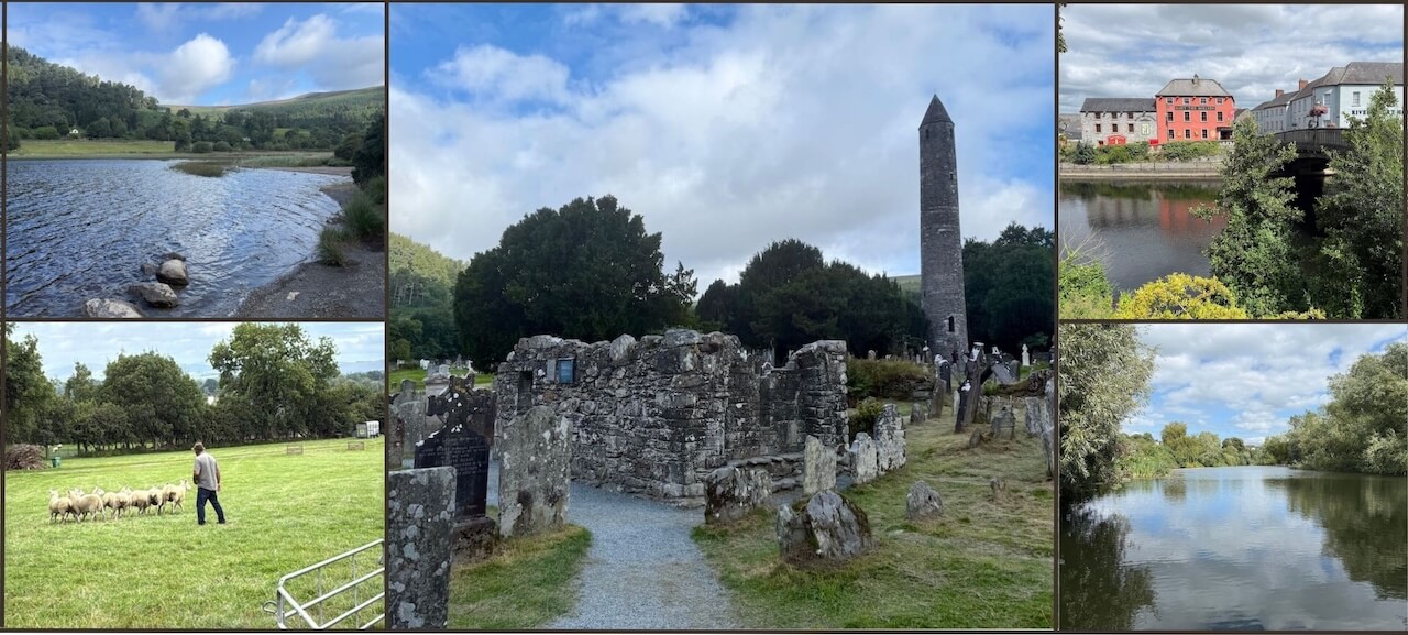 tour to Glendalough and Kilkenny from Dublin- A collage of five scenes: a calm lakeside with stones along the shore, a shepherd guiding a flock of sheep across a green field, the ruins of a historic graveyard with a tall round tower, a riverside view of colourful buildings including Matt the Millers pub, and a tranquil river surrounded by leafy trees under a partly cloudy sky.