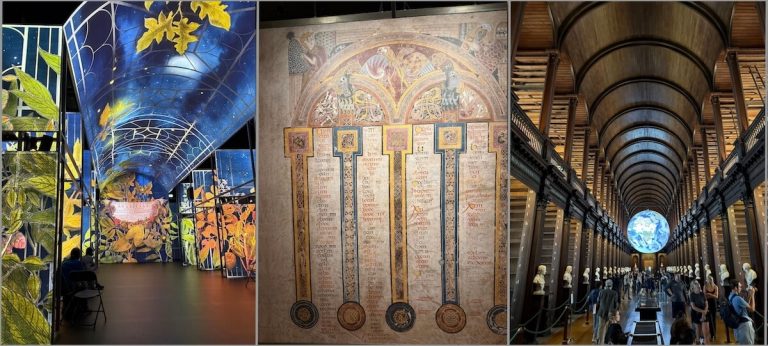 Collage showing Book of Kells Experience Dublin Ireland. Collage showing a digital botanical display, a decorated canon table from the Book of Kells, and the Long Room at Trinity College with its arched ceiling and marble busts.