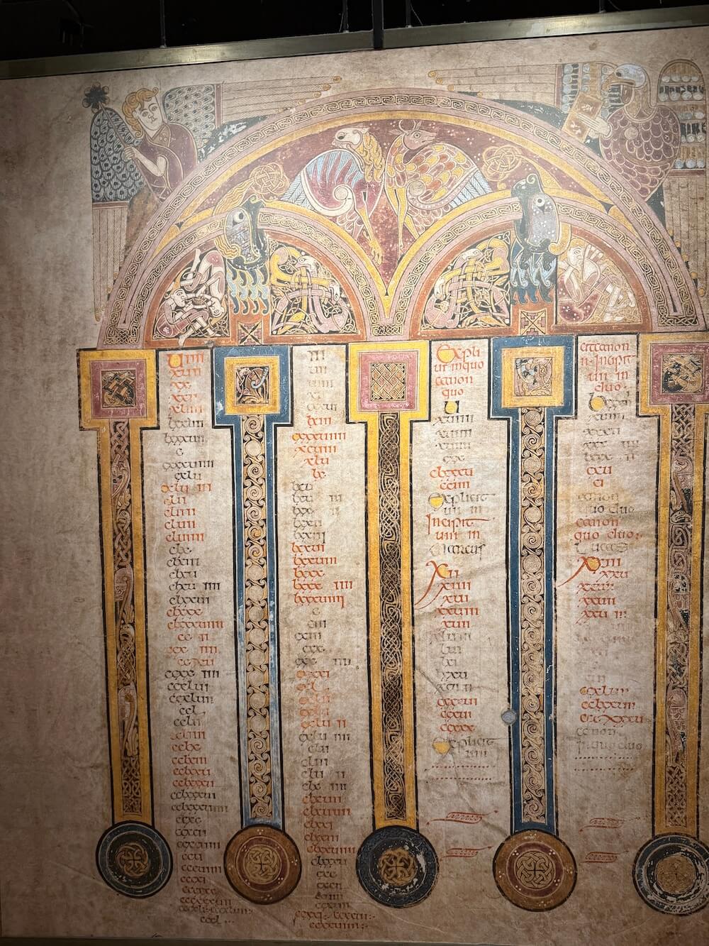 Decorative canon table page from the Book of Kells, showcasing elaborate arch motifs, animal illustrations, and columns of carefully penned Latin text in red and black ink.