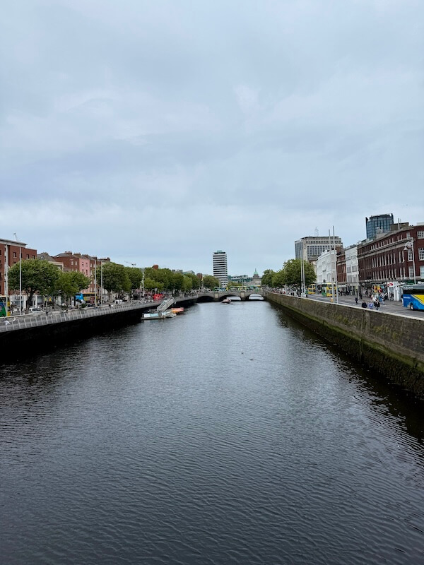View down the River Liffey in Dublin under a grey sky, with tree-lined quays and rows of historic and modern buildings on both sides, leading towards a bridge in the distance.