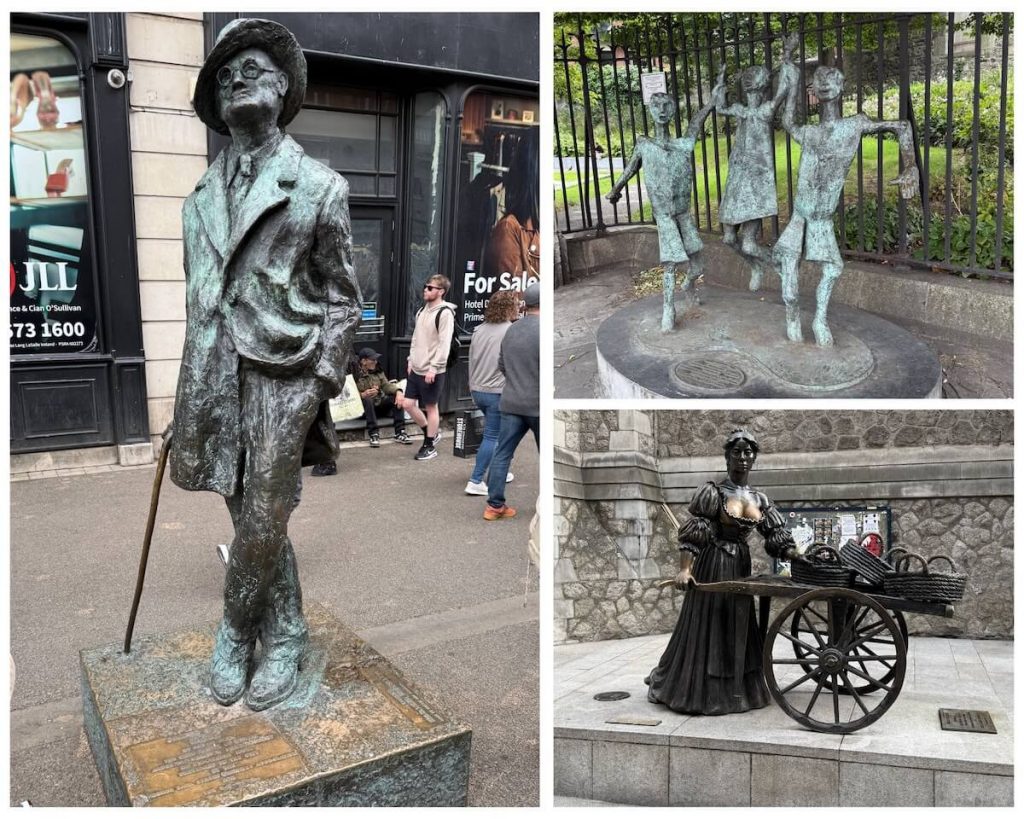 Collage of three iconic statues in Dublin: the left image shows the bronze statue of author James Joyce standing with a cane and tilted hat on North Earl Street. The top right image features the playful "Millennium Child" sculpture of three dancing children near St. Patrick's Cathedral. The bottom right image displays the famous Molly Malone statue, depicting a woman in 17th-century dress pushing a cart of fish, located near the Dublin Tourism Office.