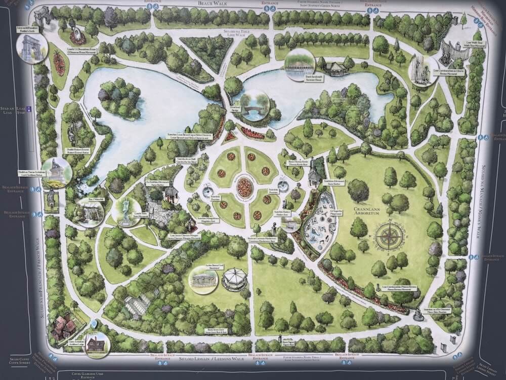Illustrated map of St Stephen’s Green in Dublin, showing its landscaped layout with key features like lakes, fountains, sculptures, and tree-lined walking paths, bordered by surrounding streets.